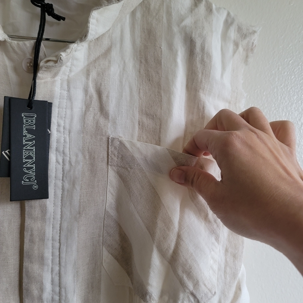 BLANK NYC,Changing Lanes Striped Linen Romper, Light Tan/Cream, Size Large -NWT - Picture 11 of 13